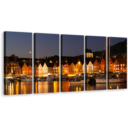 Harbor Canals Canvas Print, Beautiful Bergen Norway Orange City 5 Piece Wall Art, Scandinavia Grey Night Canals Canvas Multi-panel Art