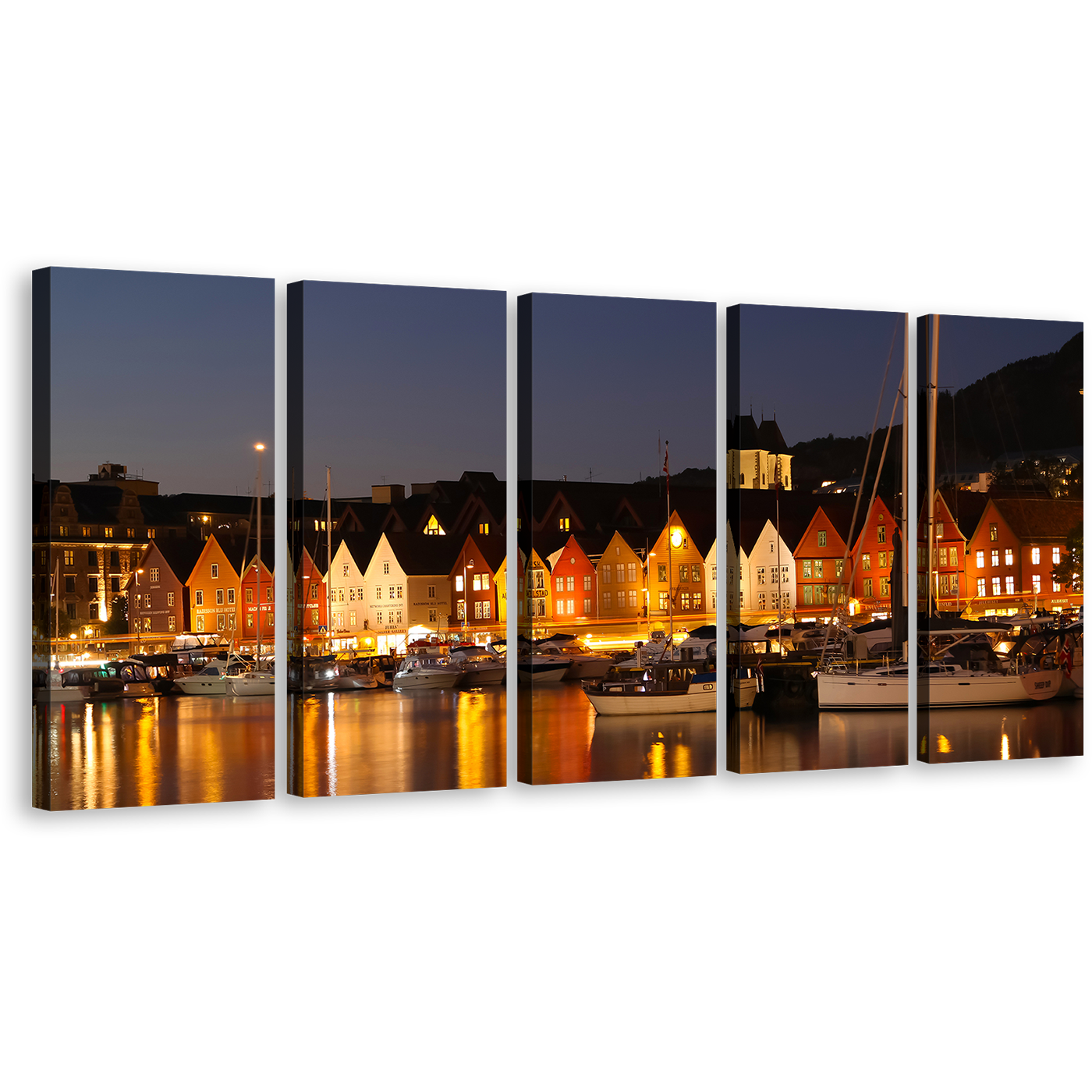 Harbor Canals Canvas Print, Beautiful Bergen Norway Orange City 5 Piece Wall Art, Scandinavia Grey Night Canals Canvas Multi-panel Art