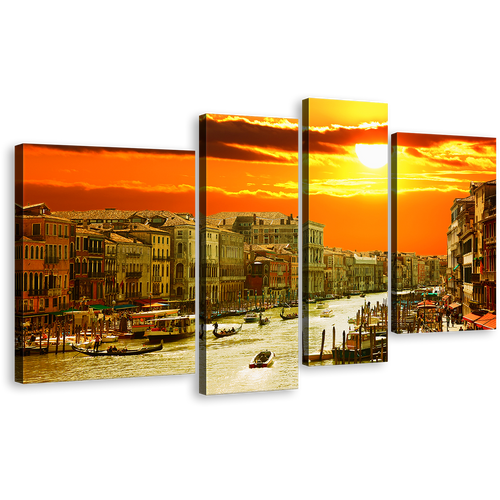 Harbor City Canvas Set, Italy Orange Venice View Canvas Print, Grand Canal Yellow Sunset Gondola Ride 4 Piece Wall Art