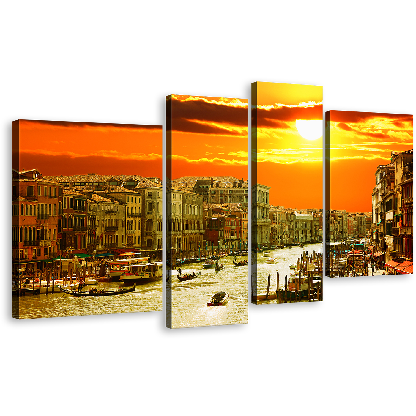 Harbor City Canvas Set, Italy Orange Venice View Canvas Print, Grand Canal Yellow Sunset Gondola Ride 4 Piece Wall Art