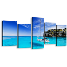 Load image into Gallery viewer, Harbor Island Wall Art, Menorca Canals Sailing Boat Canvas Print, Spain Harbor Yellow Blue Sky 5 Piece Multiple Canvas
