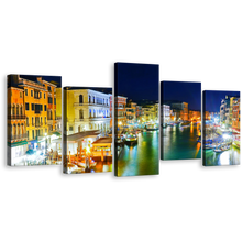 Load image into Gallery viewer, Harbors Canal Canvas Wall Art, Orange Yellow Venice at Night Canvas Print, Grand Canal Italy Blue Sky 5 Piece Canvas Set
