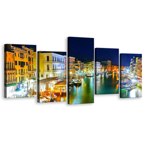 Harbors Canal Canvas Wall Art, Orange Yellow Venice at Night Canvas Print, Grand Canal Italy Blue Sky 5 Piece Canvas Set