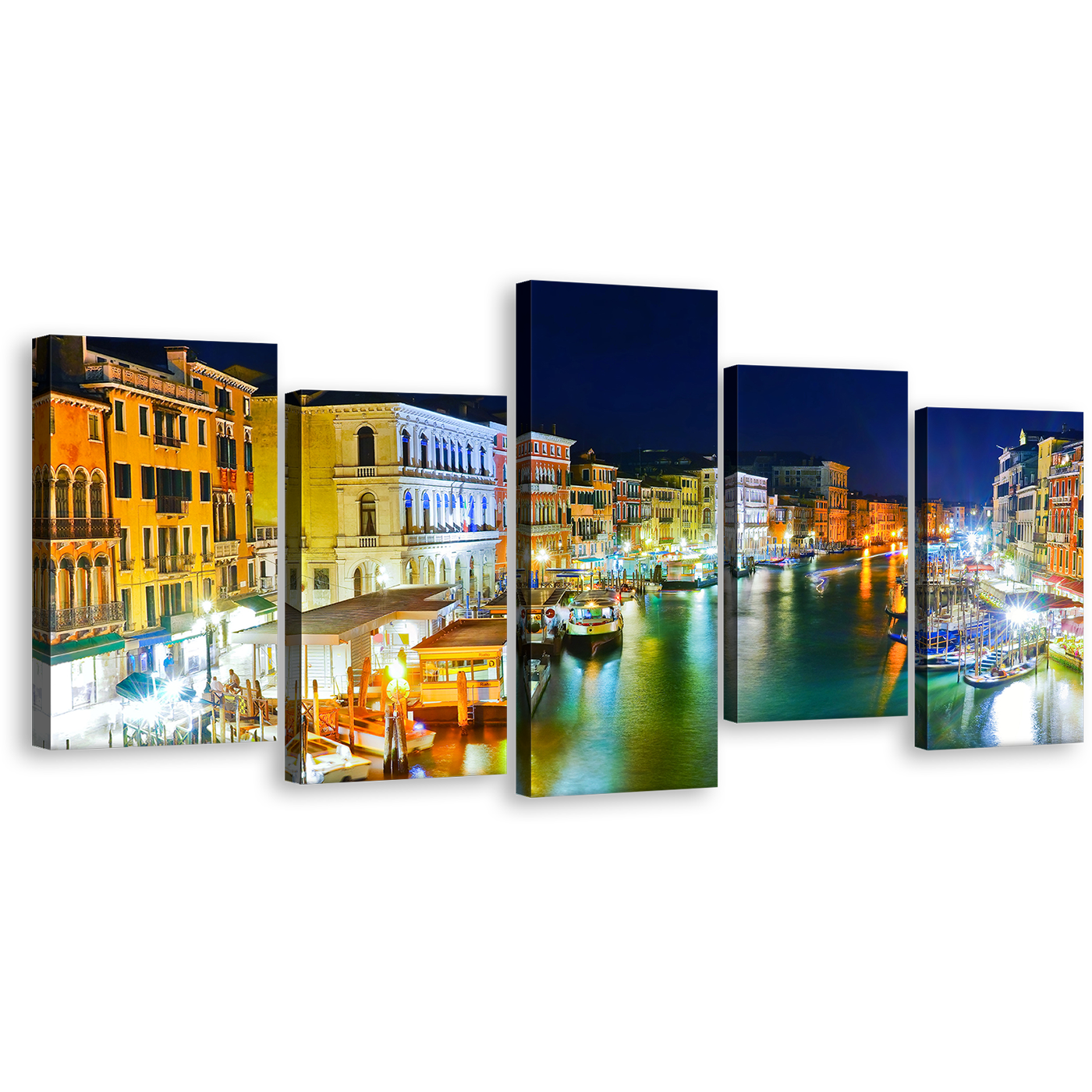 Harbors Canal Canvas Wall Art, Orange Yellow Venice at Night Canvas Print, Grand Canal Italy Blue Sky 5 Piece Canvas Set