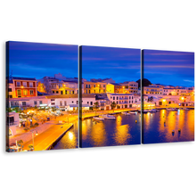 Load image into Gallery viewer, Harbors Canals Canvas Print, Blue Sky Cityscape Canvas Wall Art, Balearic Islands Spain 3 Piece Canvas, Yellow Cales Fonts Harbor Lights Canvas Set
