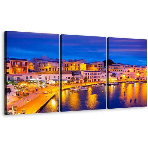 Harbors Canals Canvas Print, Blue Sky Cityscape Canvas Wall Art, Balearic Islands Spain 3 Piece Canvas, Yellow Cales Fonts Harbor Lights Canvas Set