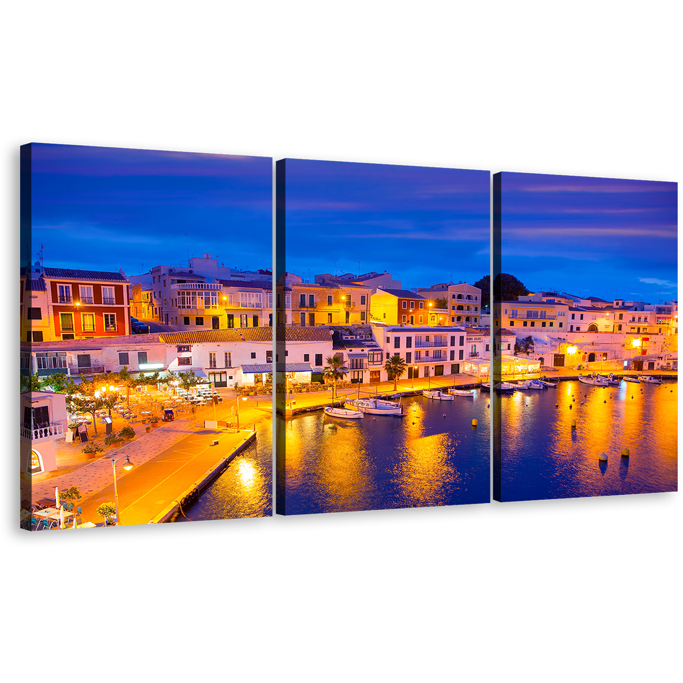 Harbors Canals Canvas Print, Blue Sky Cityscape Canvas Wall Art, Balearic Islands Spain 3 Piece Canvas, Yellow Cales Fonts Harbor Lights Canvas Set