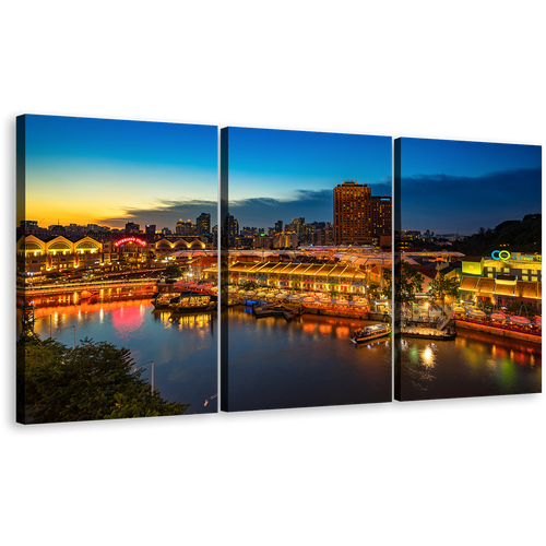 Harbors Canals Canvas Print, Singapore Cloudy Blue Sky Seascape 3 Piece Canvas Wall Art, Yellow Cityscape Reflection Triptych Multi Canvas