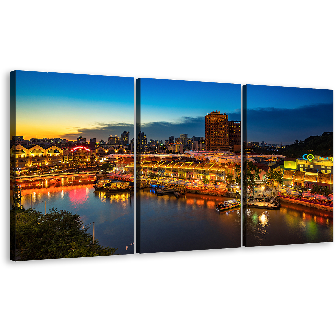 Harbors Canals Canvas Print, Singapore Cloudy Blue Sky Seascape 3 Piece Canvas Wall Art, Yellow Cityscape Reflection Triptych Multi Canvas