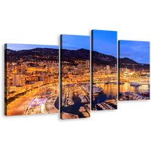 Load image into Gallery viewer, Harbors Canals Canvas Wall Art, Blue Sky Mountain Cityscape 4 Piece Canvas Print, Monte Carlo Beach Multi Panel Canvas, French Riviera Yellow City Lights Canvas Set
