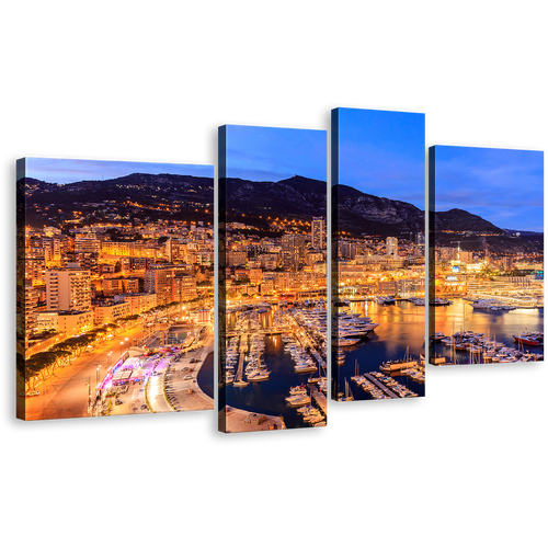 Harbors Canals Canvas Wall Art, Blue Sky Mountain Cityscape 4 Piece Canvas Print, Monte Carlo Beach Multi Panel Canvas, French Riviera Yellow City Lights Canvas Set