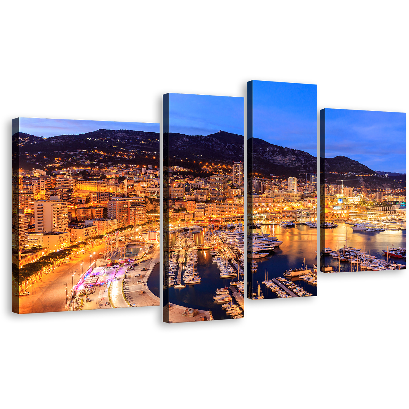 Harbors Canals Canvas Wall Art, Blue Sky Mountain Cityscape 4 Piece Canvas Print, Monte Carlo Beach Multi Panel Canvas, French Riviera Yellow City Lights Canvas Set