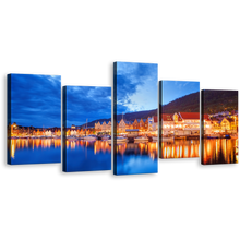 Load image into Gallery viewer, Harbors Canals Canvas Wall Art, Orange Houses City Reflection Multi Canvas, Bergen Street Norway Canvas Set, Blue Cloudy Sky Lake 5 Piece Canvas Print
