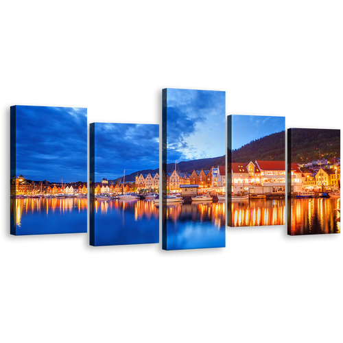 Harbors Canals Canvas Wall Art, Orange Houses City Reflection Multi Canvas, Bergen Street Norway Canvas Set, Blue Cloudy Sky Lake 5 Piece Canvas Print