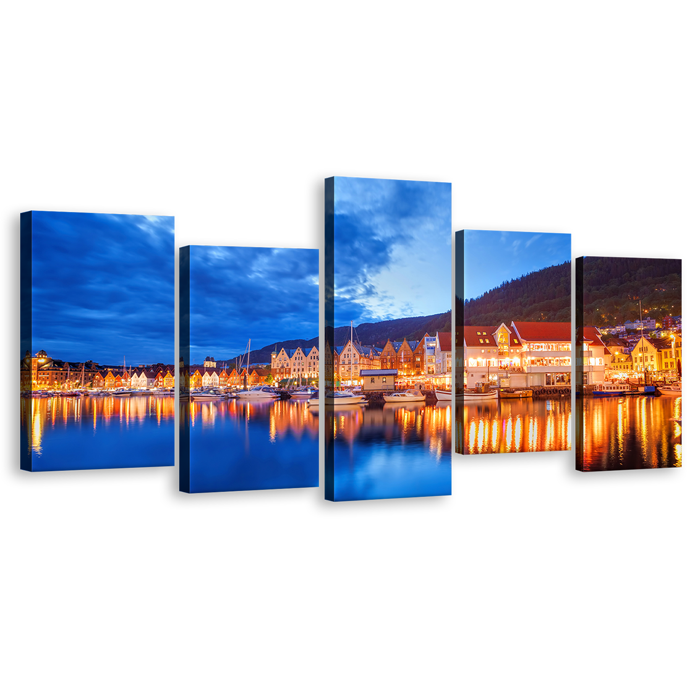 Harbors Canals Canvas Wall Art, Orange Houses City Reflection Multi Canvas, Bergen Street Norway Canvas Set, Blue Cloudy Sky Lake 5 Piece Canvas Print