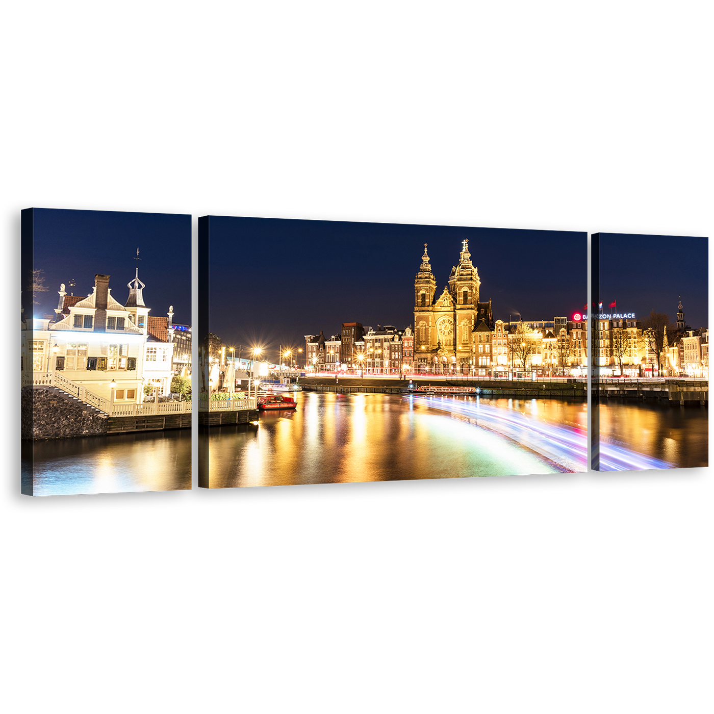 Harbors Canals Canvas Wall Art, Yellow City Lights Reflection Canals Multi Canvas, Blue Sky Amsterdam Central Damrak 3 Piece Canvas Print