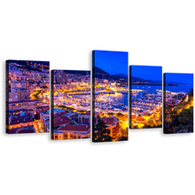 Load image into Gallery viewer, Harbors Canals Wall Art, Blue Monte-carlo Port Hercules 5 Piece Canvas Set, Yellow Monaco Mediterranean Europe Multi Canvas Print
