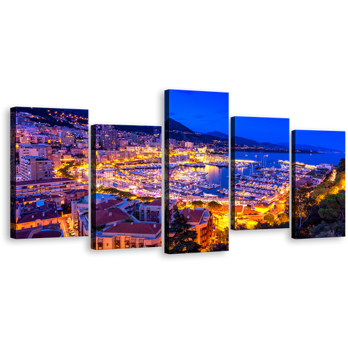 Harbors Canals Wall Art, Blue Monte-carlo Port Hercules 5 Piece Canvas Set, Yellow Monaco Mediterranean Europe Multi Canvas Print