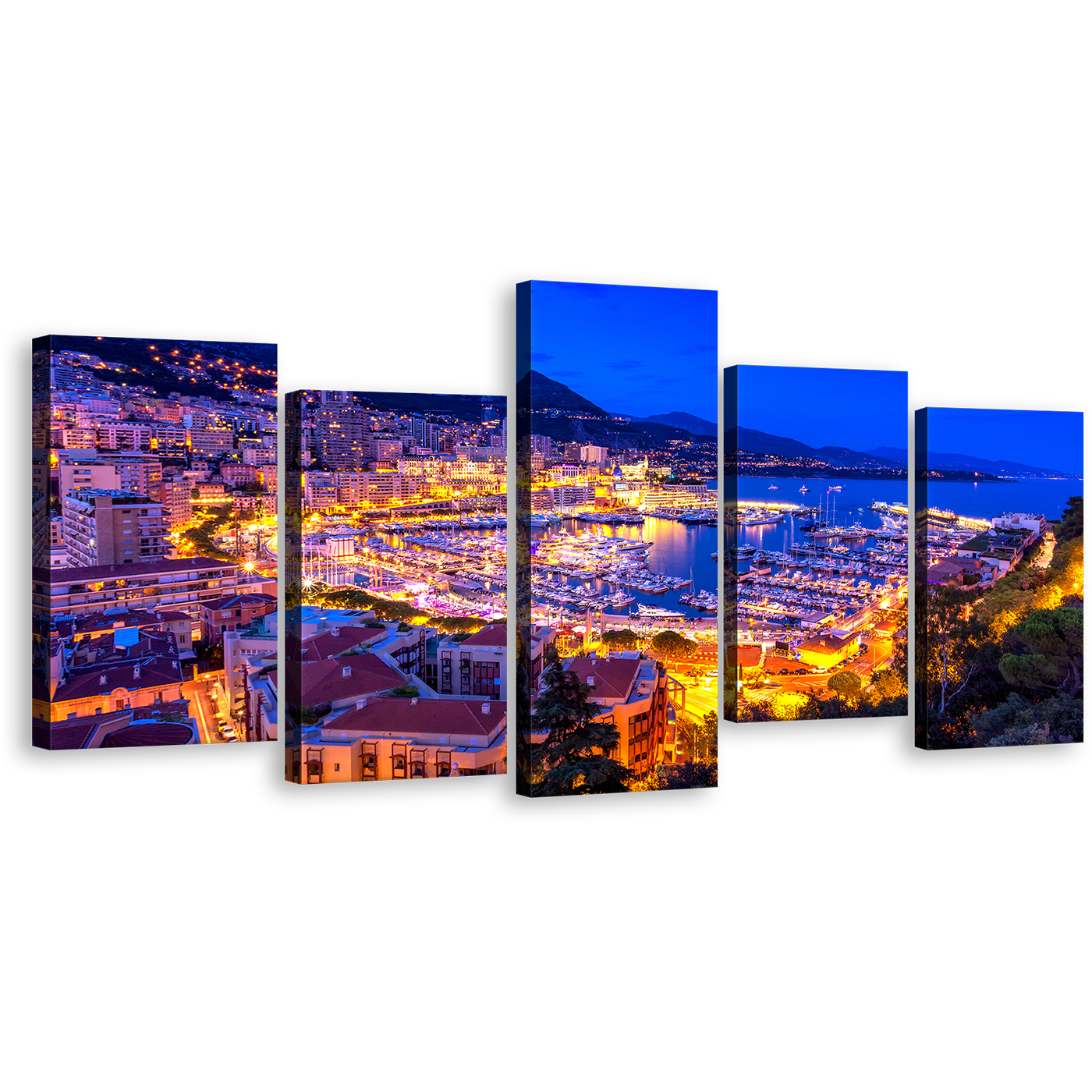 Harbors Canals Wall Art, Blue Monte-carlo Port Hercules 5 Piece Canvas Set, Yellow Monaco Mediterranean Europe Multi Canvas Print