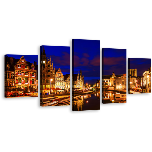 Harbors City Canvas Print, Graslei Belgium Blue Cloudy Sky 5 Piece Wall Art, Gold Ghent Canal City Reflection Multi Canvas