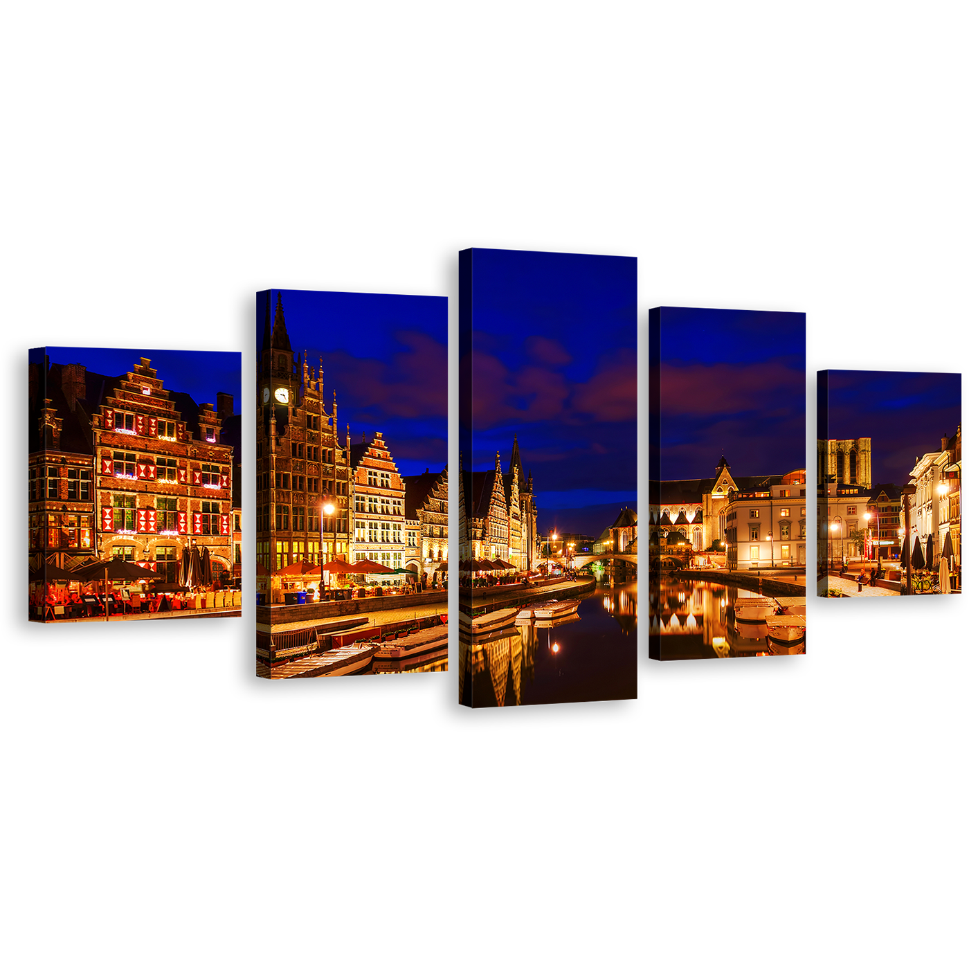 Harbors City Canvas Print, Graslei Belgium Blue Cloudy Sky 5 Piece Wall Art, Gold Ghent Canal City Reflection Multi Canvas