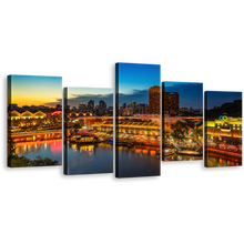 Load image into Gallery viewer, Harbors City Canvas Wall Art, Blue Cloudy Sky Night View Canvas Print, Yellow Singapore Cityscape 5 Piece Multi Canvas
