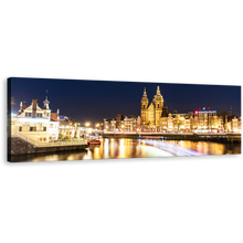 Load image into Gallery viewer, Harbors City Canvas Wall Art, Blue Sky Amsterdam Central Damrak Canvas Artwork, Yellow City Lights Reflection Canal 1 Piece Canvas Print
