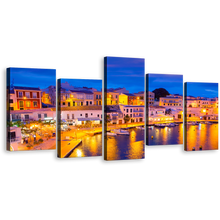 Load image into Gallery viewer, Harbors City Canvas Wall Art, Blue Sky Cityscape Canvas Print, Cales Fonts Calas Harbor Lights Canvas Set, Yellow Balearic Islands Spain 5 Piece Multi Panel Canvas
