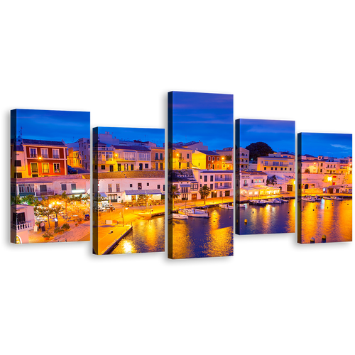 Harbors City Canvas Wall Art, Blue Sky Cityscape Canvas Print, Cales Fonts Calas Harbor Lights Canvas Set, Yellow Balearic Islands Spain 5 Piece Multi Panel Canvas