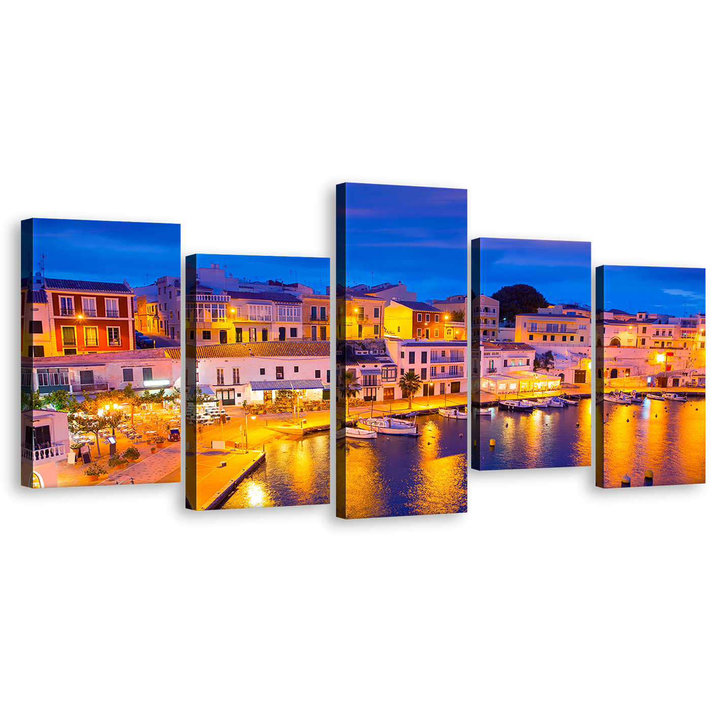 Harbors City Canvas Wall Art, Blue Sky Cityscape Canvas Print, Cales Fonts Calas Harbor Lights Canvas Set, Yellow Balearic Islands Spain 5 Piece Multi Panel Canvas