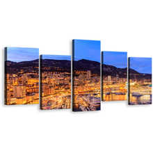 Load image into Gallery viewer, Harbors City Canvas Wall Art, Monte Carlo Beach Cityscape 5 Piece Canvas, Blue Sky Mountain Harbors Multiple Canvas, Yellow French Riviera Reflection Canvas Print
