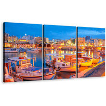 Load image into Gallery viewer, Harbors Greece Wall Art, Yellow City Lights Canals View 3 Piece Canvas Print, Heraklion City at Blue Sky Multi Canvas
