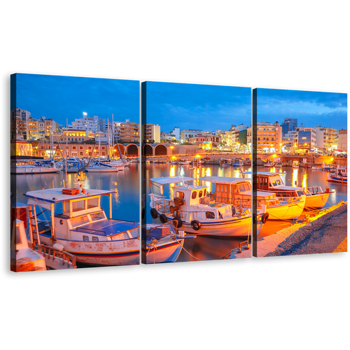 Harbors Greece Wall Art, Yellow City Lights Canals View 3 Piece Canvas Print, Heraklion City at Blue Sky Multi Canvas