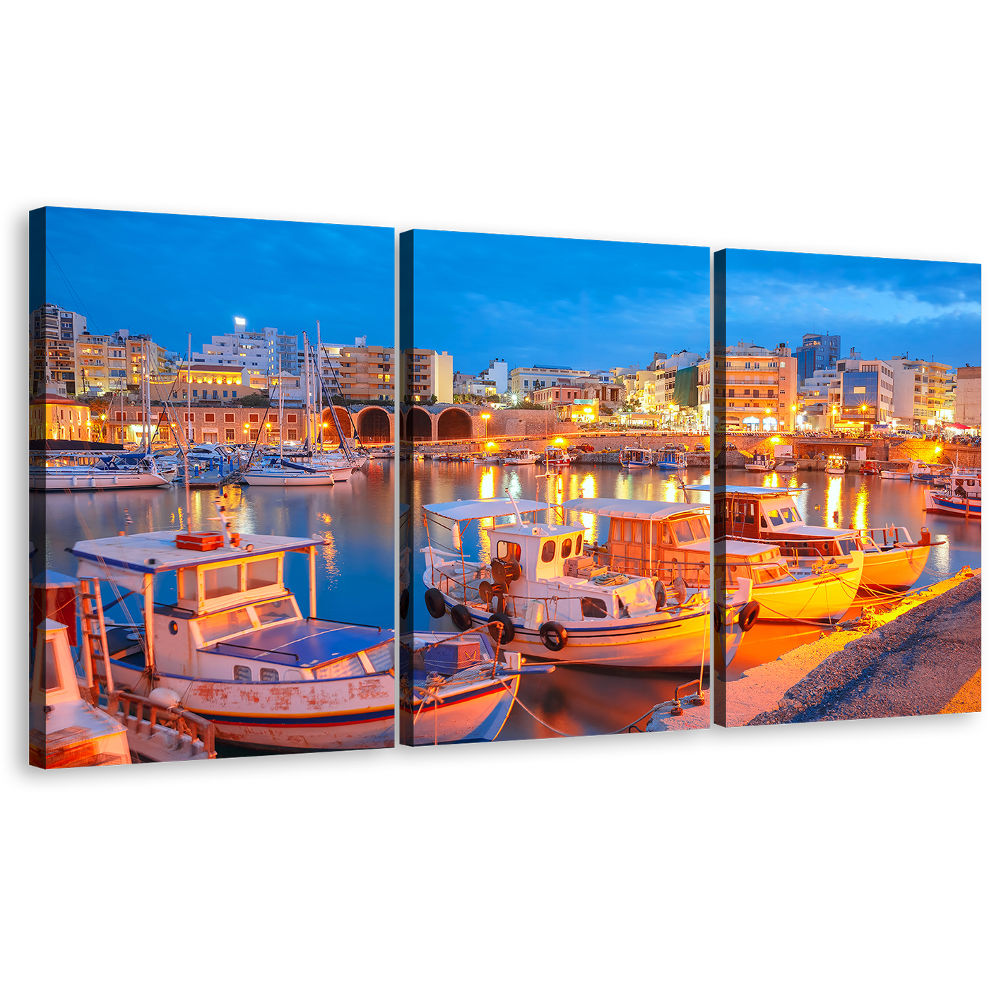 Harbors Greece Wall Art, Yellow City Lights Canals View 3 Piece Canvas Print, Heraklion City at Blue Sky Multi Canvas