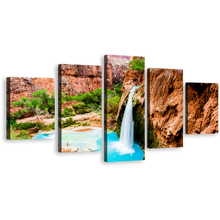 Load image into Gallery viewer, Havasu Falls Canvas Wall Art, Arizona Beautiful Brown Rock Waterfall Multi Canvas Artwork, Waterfall Rocks Blue Water 5 Piece Canvas Print
