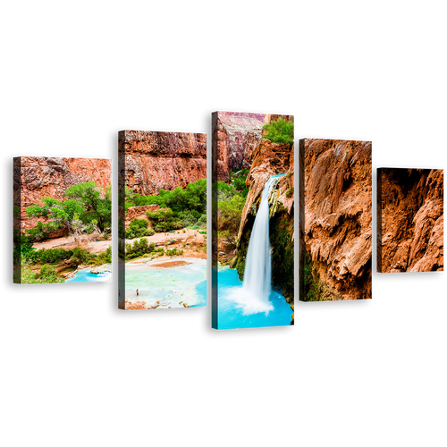 Havasu Falls Canvas Wall Art, Arizona Beautiful Brown Rock Waterfall Multi Canvas Artwork, Waterfall Rocks Blue Water 5 Piece Canvas Print