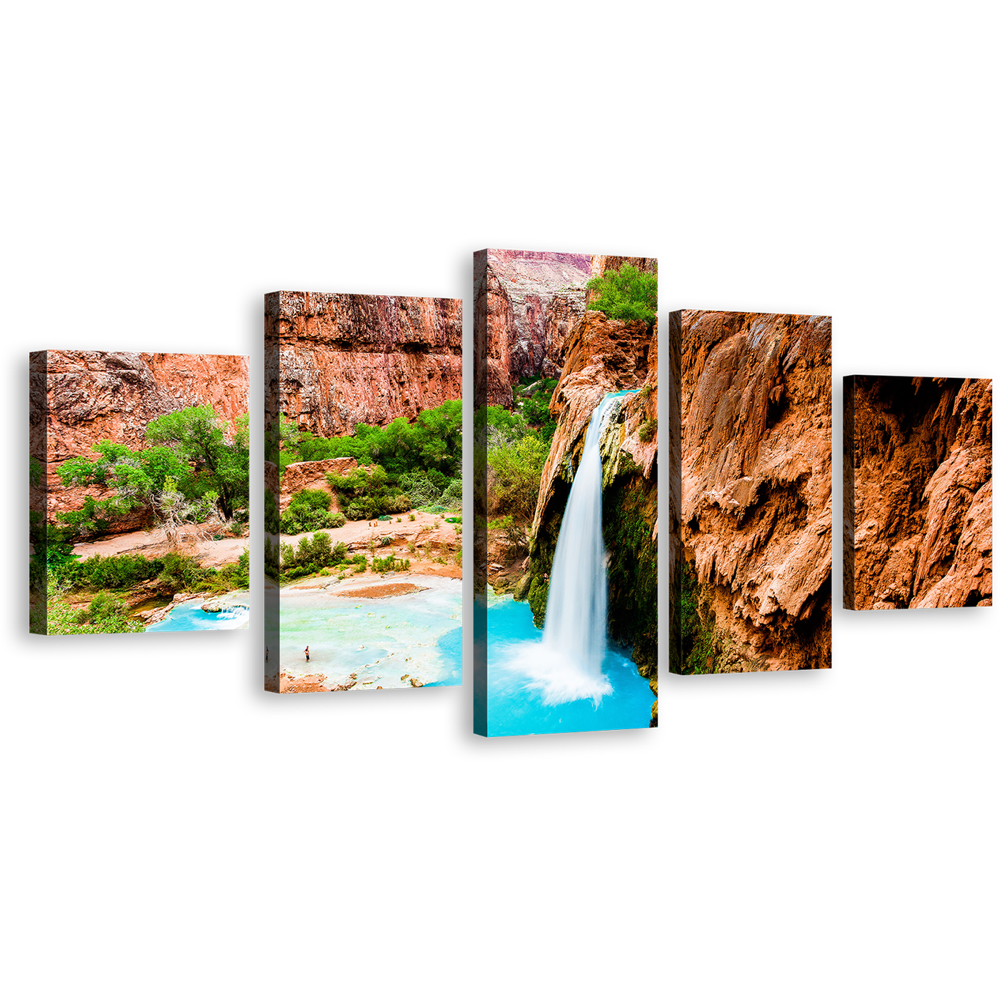 Havasu Falls Canvas Wall Art, Arizona Beautiful Brown Rock Waterfall Multi Canvas Artwork, Waterfall Rocks Blue Water 5 Piece Canvas Print