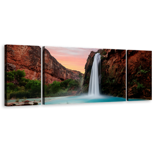 Havasu Falls Canvas Wall Art, Arizona Blue Lake Waterfall 3 Piece Canvas Print, Brown Mountain Havasupai Waterfall Triptych Multi Canvas