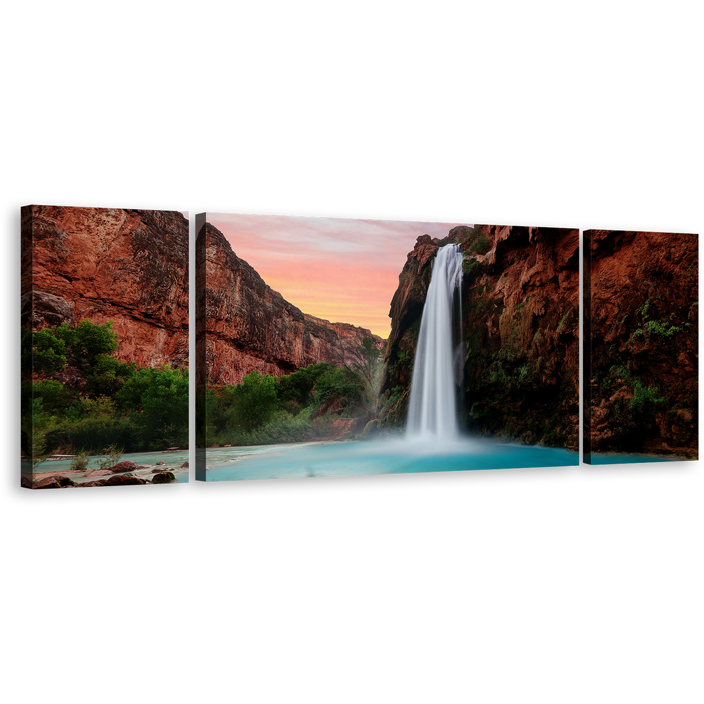 Havasu Falls Canvas Wall Art, Arizona Blue Lake Waterfall 3 Piece Canvas Print, Brown Mountain Havasupai Waterfall Triptych Multi Canvas