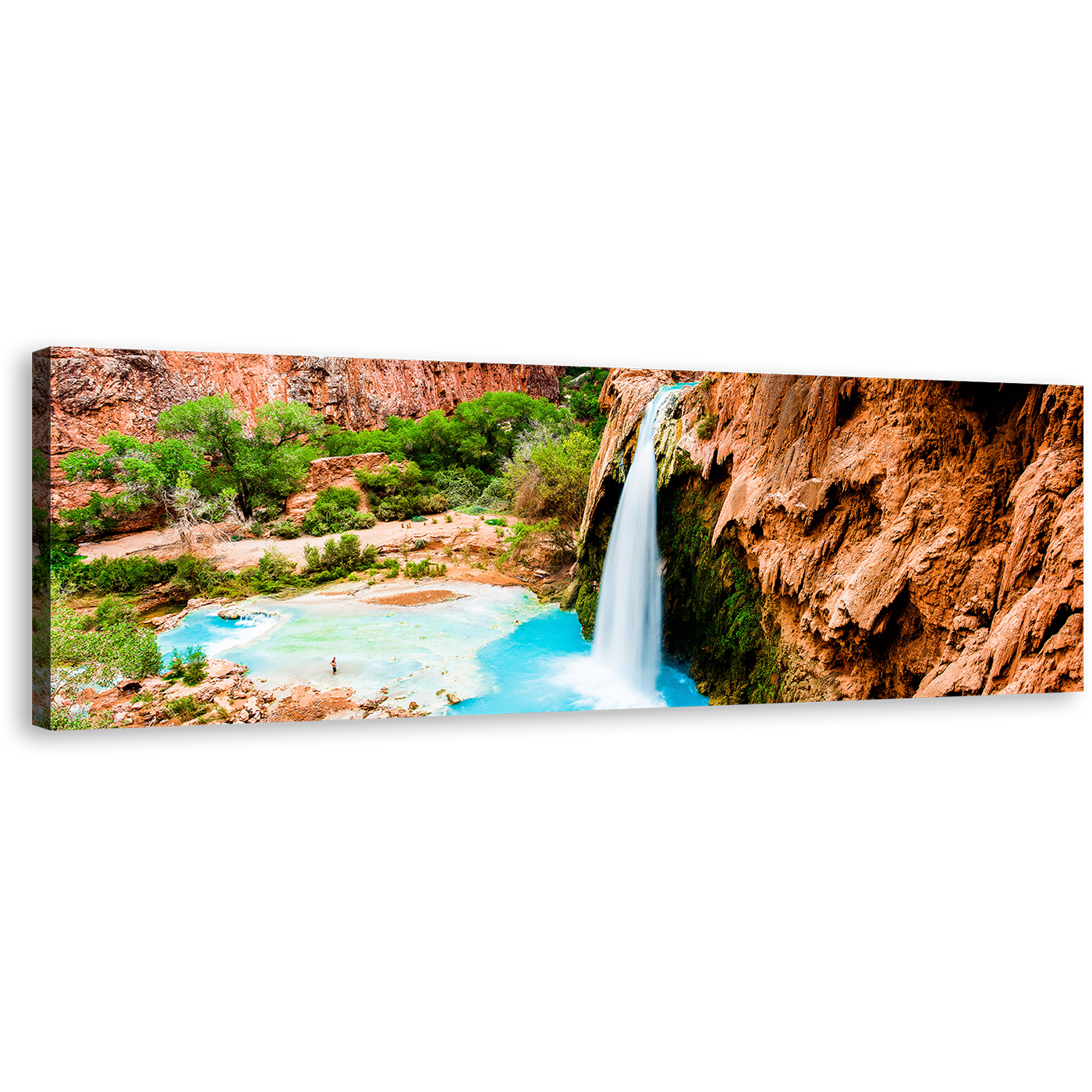 Havasu Waterfalls Canvas Wall Art, Waterfall Rock Blue Water Canvas Artwork, Arizona Beautiful Brown Rock Waterfall 1 Piece Canvas Print