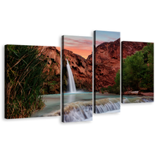 Load image into Gallery viewer, Havasupai Waterfall Canvas Wall Art, Brown Grand Canyon Mountain Waterfall 4 Piece Canvas Print, Arizona White Havasu Falls Multiple Canvas
