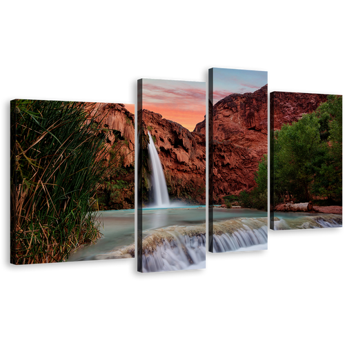 Havasupai Waterfall Canvas Wall Art, Brown Grand Canyon Mountain Waterfall 4 Piece Canvas Print, Arizona White Havasu Falls Multiple Canvas