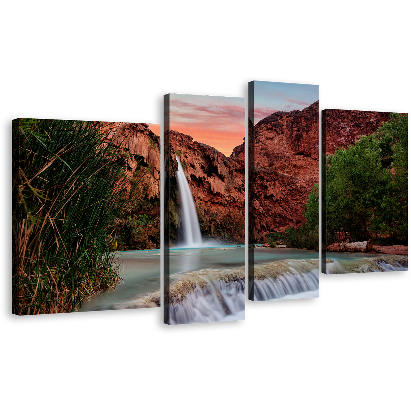 Havasupai Waterfall Canvas Wall Art, Brown Grand Canyon Mountain Waterfall 4 Piece Canvas Print, Arizona White Havasu Falls Multiple Canvas