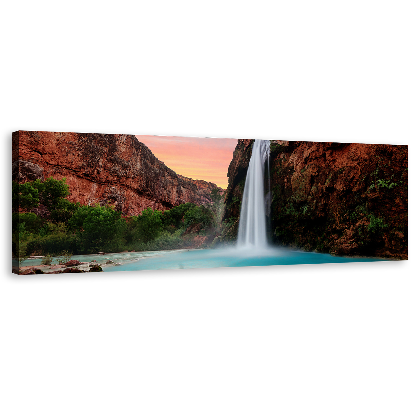 Havasupai Waterfall Canvas Wall Art, Green Trees Mountain Waterfall 1 Piece Canvas Print, Arizona Blue Havasu Falls Lake Canvas Artwork