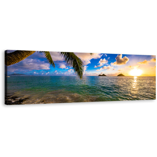 Hawaii Ocean Canvas Wall Art, Colorful Lanikai Beach Panoramic Canvas Print, Ocean Beach in Kailua Canvas Artwork