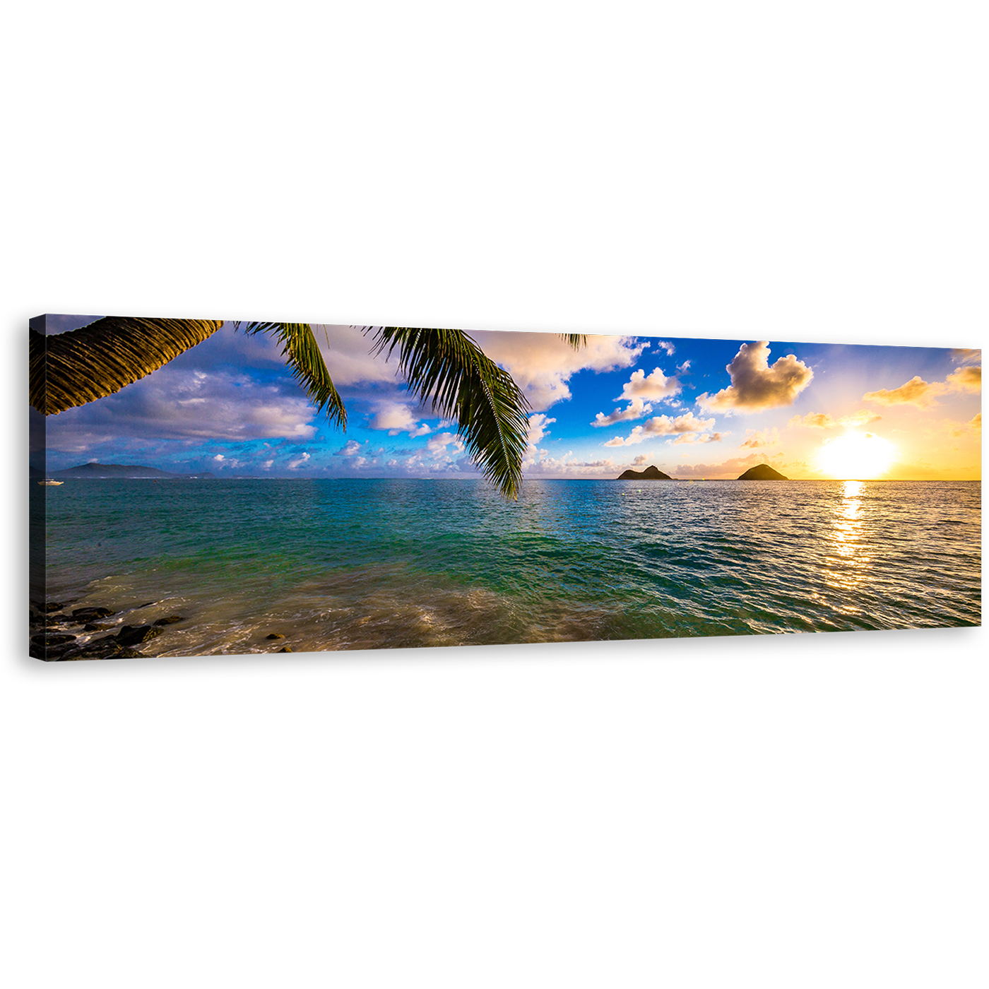 Hawaii Ocean Canvas Wall Art, Colorful Lanikai Beach Panoramic Canvas Print, Ocean Beach in Kailua Canvas Artwork