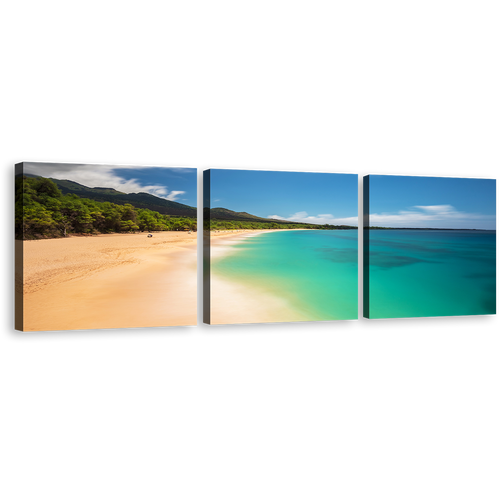 Hawaii Ocean Canvas Wall Art, Green Island of Maui 3 Piece Multi Canvas, Hawaii Blue Ocean Beach Canvas Print