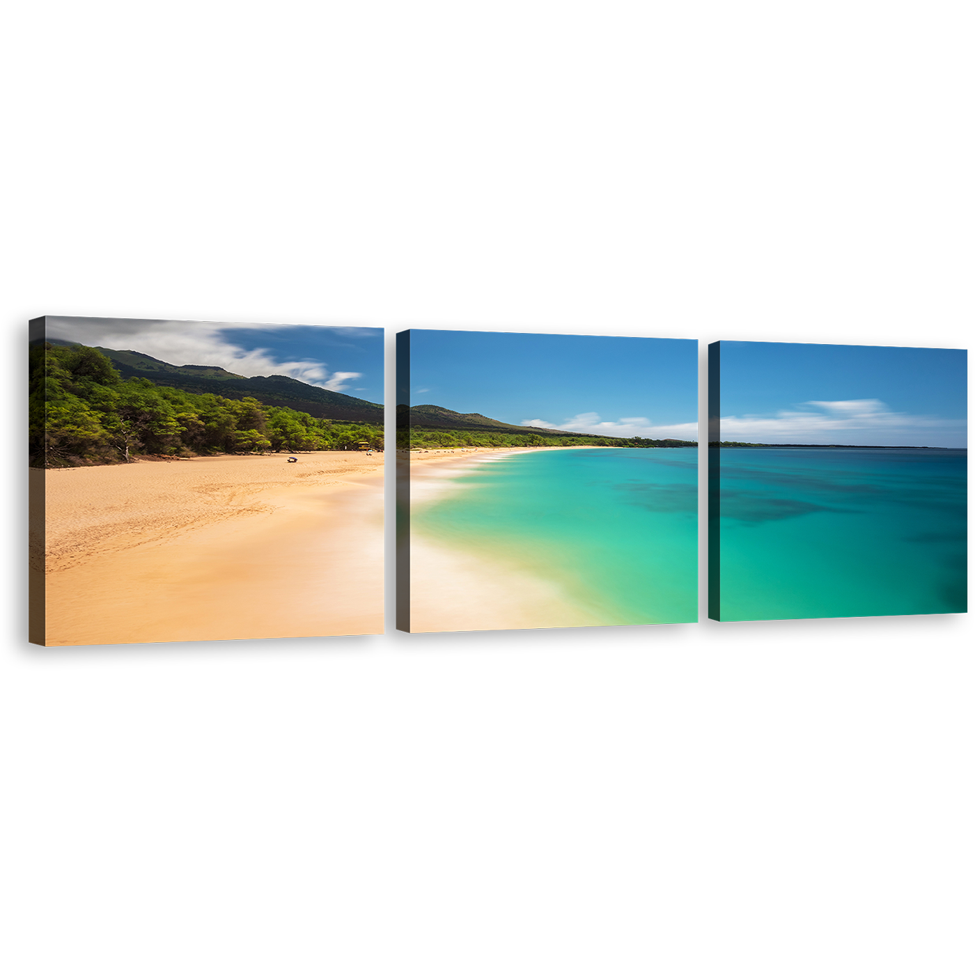 Hawaii Ocean Canvas Wall Art, Green Island of Maui 3 Piece Multi Canvas, Hawaii Blue Ocean Beach Canvas Print