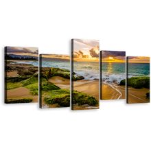 Load image into Gallery viewer, Hawaii Scenery Canvas Wall Art, Green Ocean Rocks 5 Piece Multi Canvas Artwork, Beautiful Yellow Sunset Ocean Canvas Print
