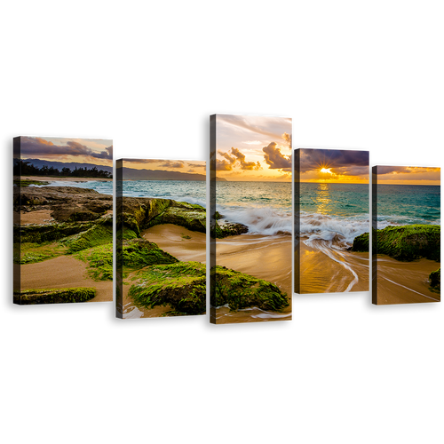 Hawaii Scenery Canvas Wall Art, Green Ocean Rocks 5 Piece Multi Canvas Artwork, Beautiful Yellow Sunset Ocean Canvas Print